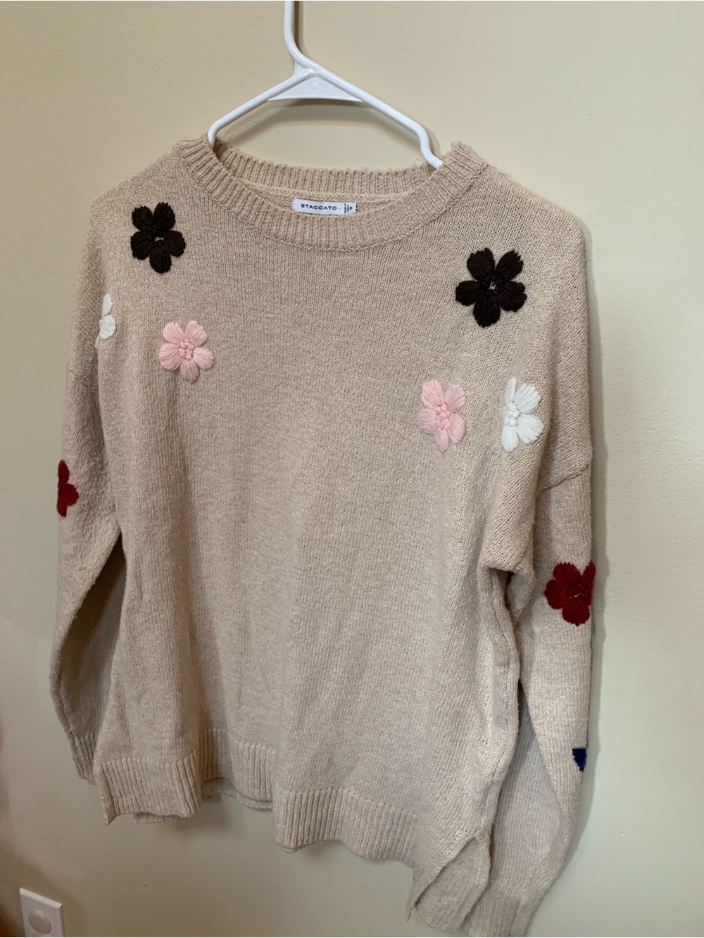 Staccato Cream Crewneck Sweater with Multicolor Floral Appliqués